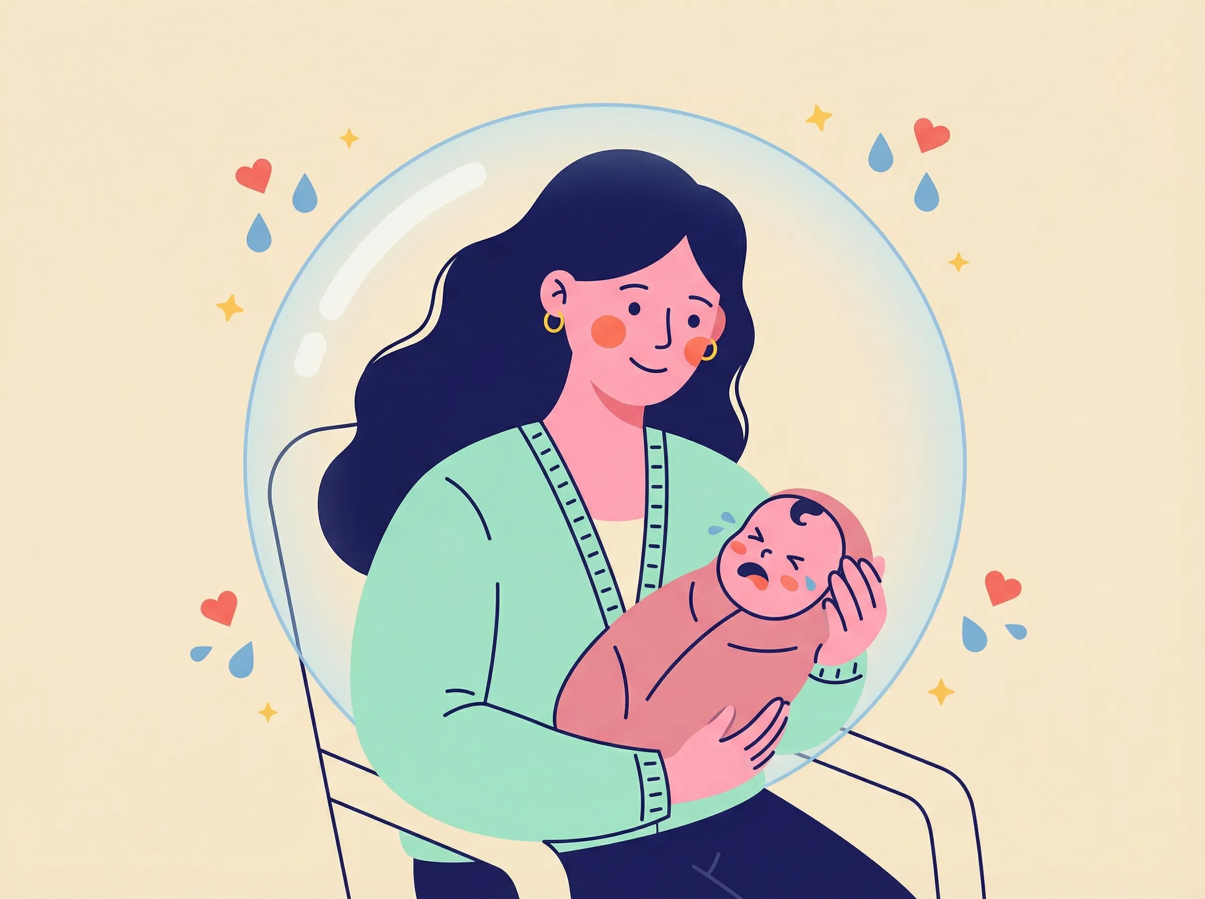 Étreinte réconfortante entre une mère et son bébé, illustrant le soutien et l'apaisement