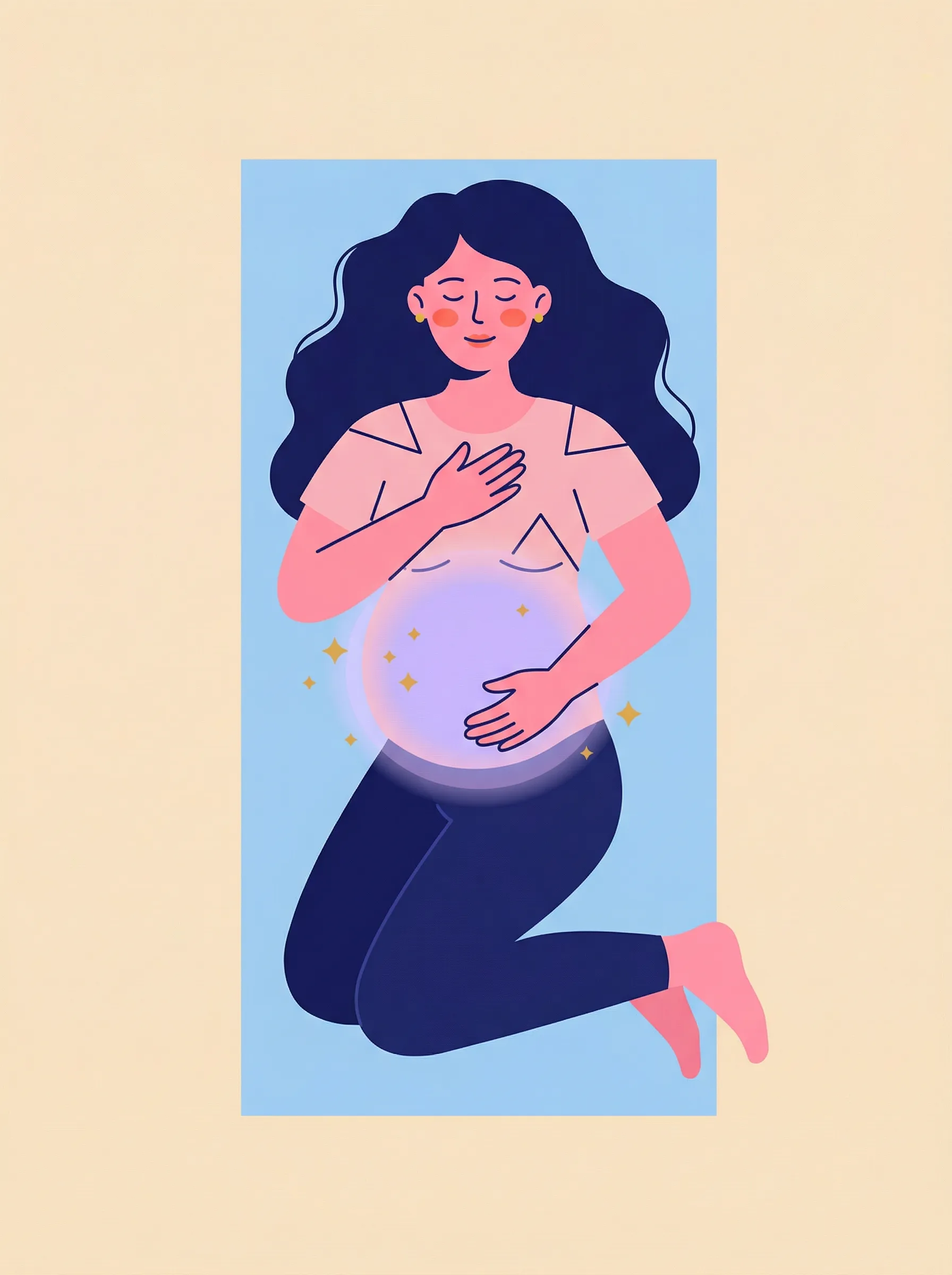 Illustration d'une femme enceinte allongée en relaxation, préparant son accouchement en douceur