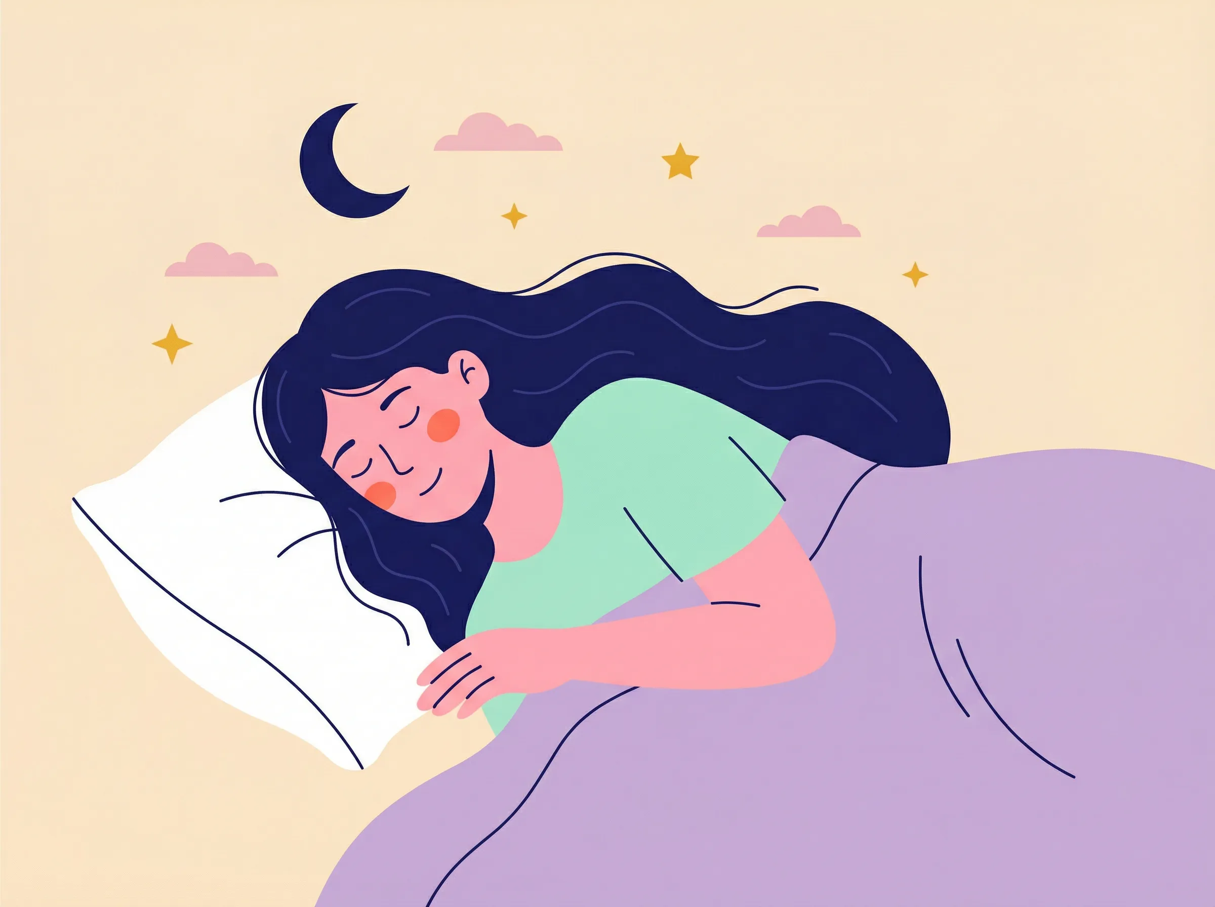Illustration endormissement paisible, lune et étoiles