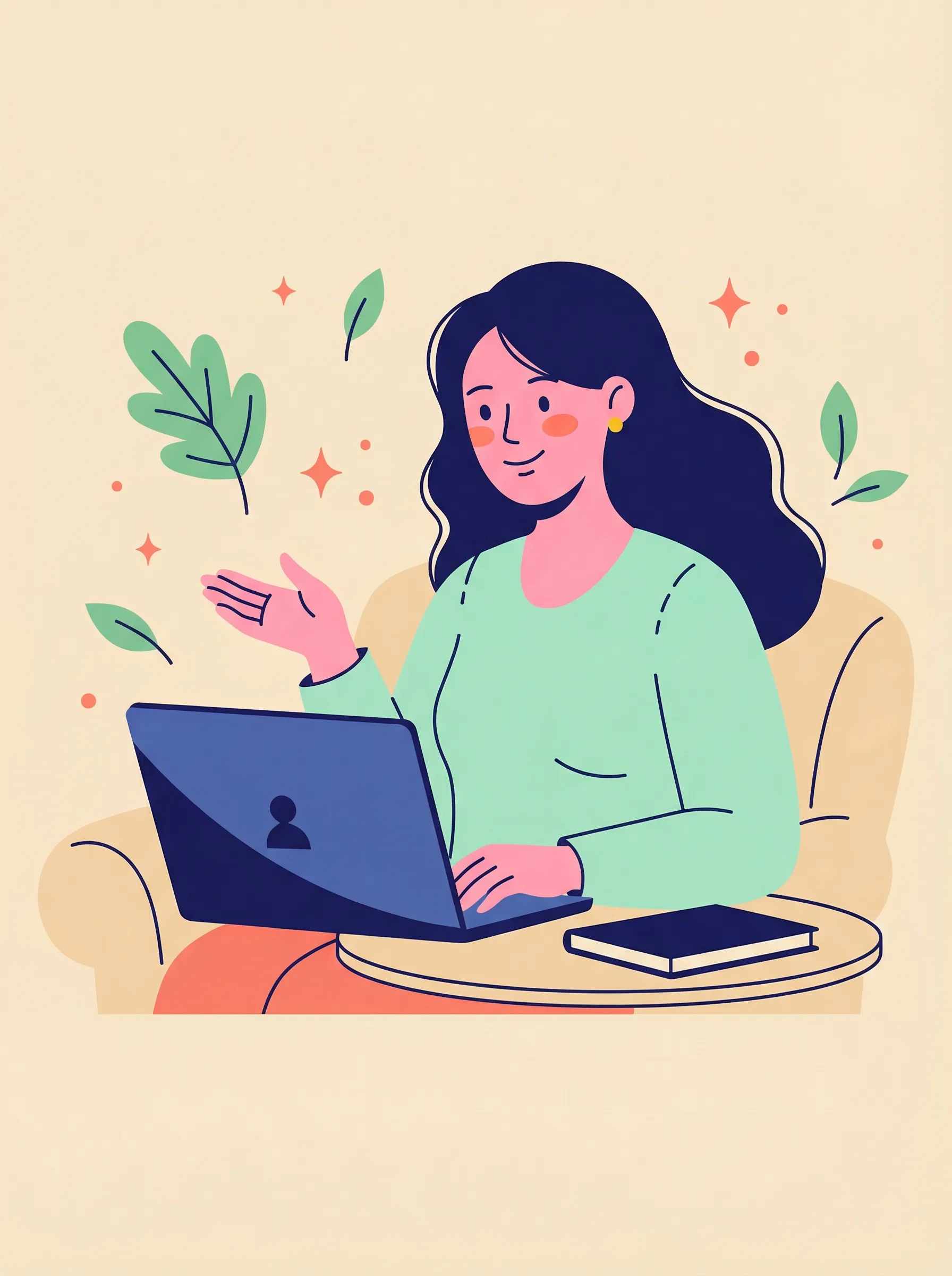 Illustration d'une femme en séance de sophrologie en visio depuis chez elle, avec une tasse de thé